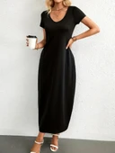 Kadın Kısa Kollu Yakası Yuvarlak Cepli Viskon Elbise thumbnail 5