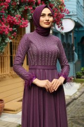 Taşlı Tesettür Abiye Elbise - Mor - 2