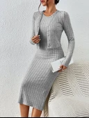 Kadın Uzun Kollu şardonlu Kaşkorseönü Düğmeli Mini Boy Elbise Ikili Takım thumbnail 6