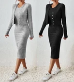 Kadın Uzun Kollu şardonlu Kaşkorseönü Düğmeli Mini Boy Elbise Ikili Takım thumbnail 8