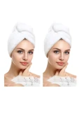 2 Adet Beyaz Mikrofiber Düğmeli Lastikli Banyo Pilaj Havuz Saç Bonesi Saç Havlusu - 1