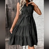 Kadın Kısa Kollu Gömlek Yaka Düğmeli Beli Kuşaklı Katlı Dokuma Midi Elbise thumbnail 11