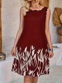 Kadın Askılı Yuvarlak Yakalı Yaprak Desenli Dalgıç Elbise thumbnail 3
