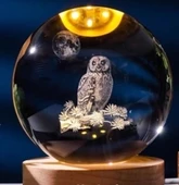 Dekoratif Baykuş Tasarımlı Ahşap Altlıklı Işıklı Cam Küre Büyük Boy 8cm - 1