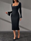 Biyeli midi boy elbise siyah A3718 thumbnail 2