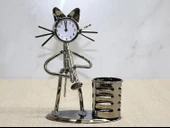 Metal Saksafon Çalan Kedi Müzisyen Saat Ve Kalemlik Alk4346 - 1