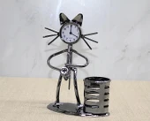 Metal Saksafon Çalan Kedi Müzisyen Saat Ve Kalemlik Alk4343 - 1