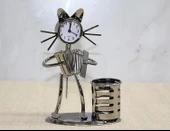 Metal Akordiyon Çalan Kedi Müzisyen Saat Ve Kalemlik Alk4344 - 1
