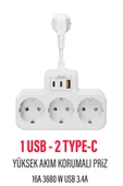 EXENAR Çoklu Kablolu Priz -Priz Çoğaltıcı-Priz Dönüştürücü 1USB - 2Type-C Girişli Yüksek Akım Korumalı Fiş thumbnail 1