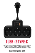 EXENAR Çoklu Kablolu Priz -Priz Çoğaltıcı-Priz Dönüştürücü 1USB - 2Type-C Girişli Yüksek Akım Korumalı Fiş thumbnail 1