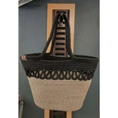 Doğal Hasır Jüt El Örmesi Günlük Kullanım ve Plaj İçin Uygun Bayan Çanta-Bej Siyah Trikotlu - 1