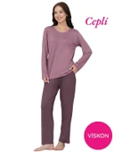 Kadın Bisiklet Yaka Düğmesiz Viskon Mevsimlik Uzun Kol Cepli Pijama Takımı - 4