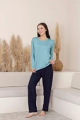 Kadın Bisiklet Yaka Düğmesiz Viskon Mevsimlik Uzun Kol Cepli Pijama Takımı - 10