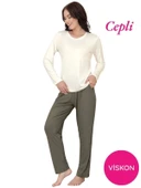 Kadın Bisiklet Yaka Düğmesiz Viskon Mevsimlik Uzun Kol Cepli Pijama Takımı - 9