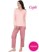 Kadın Bisiklet Yaka Düğmesiz Viskon Mevsimlik Uzun Kol Cepli Pijama Takımı - 3