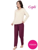 Kadın Bisiklet Yaka Düğmesiz Viskon Mevsimlik Uzun Kol Cepli Pijama Takımı - 6