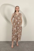 Viskon Kumaş Etnik Desenli Elbise-Bej thumbnail 1