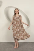 Viskon Kumaş Etnik Desenli Elbise-Bej thumbnail 2
