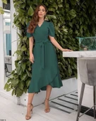 Kadın Kruvaze Yaka Midi Boy Kuşaklı Krep Elbise 120 Cm thumbnail 2