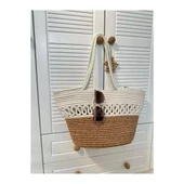 Doğal Hasır Jüt El Örmesi Günlük Kullanım ve Plaj İçin Uygun Bayan Çanta-Bej Beyaz Trikotlu - 3