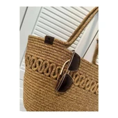 Doğal Hasır Jüt El Örmesi Günlük Kullanım ve Plaj İçin Uygun Bayan Çanta-Bej Kırçıllı Trikotlu - 2