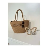 Doğal Hasır Jüt El Örmesi Günlük Kullanım ve Plaj İçin Uygun Bayan Çanta-Bej Kırçıllı Trikotlu - 3