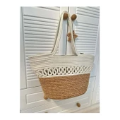 Doğal Hasır Jüt El Örmesi Günlük Kullanım ve Plaj İçin Uygun Bayan Çanta-Bej Beyaz Trikotlu - 2