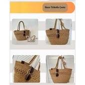 Doğal Hasır Jüt El Örmesi Günlük Kullanım ve Plaj İçin Uygun Bayan Çanta-Bej Kırçıllı Trikotlu - 4