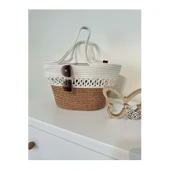 Doğal Hasır Jüt El Örmesi Günlük Kullanım ve Plaj İçin Uygun Bayan Çanta-Bej Beyaz Trikotlu - 1