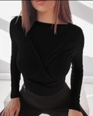 Kadın Uzun Kollu Bisiklet Yaka Omuzdan Uzun şerit Sırtta Bağlanan Kuşak Detay Viskon Bluz thumbnail 1