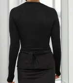 Kadın Uzun Kollu Bisiklet Yaka Omuzdan Uzun şerit Sırtta Bağlanan Kuşak Detay Viskon Bluz thumbnail 6