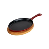 Lava Döküm Oval Fajita Tabağı Döküm Demir Yekpare Saplı Kayın Servis Ahşabı Ölçü 17x23cm.-Bordo thumbnail 2