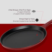Lava Döküm Oval Fajita Tabağı Döküm Demir Yekpare Saplı Kayın Servis Ahşabı Ölçü 17x23cm.-Bordo thumbnail 6