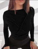 Kadın Uzun Kollu Bisiklet Yaka Omuzdan Uzun şerit Sırtta Bağlanan Kuşak Detay Viskon Bluz thumbnail 3