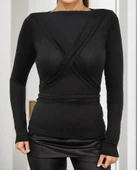 Kadın Uzun Kollu Bisiklet Yaka Omuzdan Uzun şerit Sırtta Bağlanan Kuşak Detay Viskon Bluz thumbnail 5