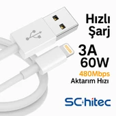 ScHitec 3 Paket 3A 60W UsbA to Lightning Hızlı Data ve Şarj Kablosu 1 Metre/ 2 Metre/ 3 Metre Beyaz thumbnail 2