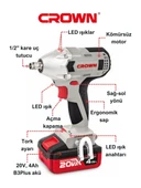 Crown Değişken Torklu Akülü Somun Sıkma Makinesi 20 V - 4 Ah CT22015HX-4 Tb - Bakır Sargılı Kömürsüz Motorlu Çift Akülü Şarjlı Darbeli - 2