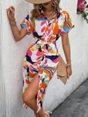 Kadın Kısa Kollu Yakalı önü Düğmeli önden Drapeli Desenli Süprem Elbise thumbnail 2