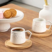 Porsima 101572 6 Kişilik Bambu Tabaklı Kahve Fincanı Takımı- 12 Parça Türk Kahvesi Fincan Takımı - 1