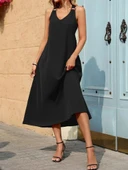 Kadın Askılı V Yakalı Halka Detaylı Maksi Boy Viskon Elbise thumbnail 4