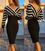 Uzun Kollu Kruvaze Yaka çizgi Desenli Kısa Triko Elbise thumbnail 7