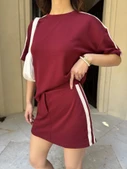 Osy Modal Yumuşak Dokulu Kumaş Parçalı Bisiklet Yaka T-shirt Mini Şortlu Etek İkili Takım -Bordo thumbnail 1