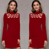 Kadın Uzun Kollu Bisiklet Yaka Lazer Kesim Inci Detay Viskon Iki Iplik Mini Boy Elbise thumbnail 3