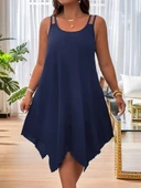 Kadın Askılı Yuvarlak Asimetrik Kesim Detaylı Viskon Elbise thumbnail 3