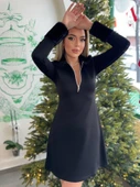 Kadın Uzun Kollu Yaka Ve Manşetleri Peluş Detay Fermuar Dekolteli Mini Elbise thumbnail 1