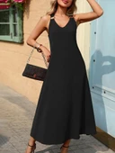 Kadın Askılı V Yakalı Halka Detaylı Maksi Boy Viskon Elbise thumbnail 2