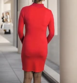 Kadın Uzun Kollu Bisiklet Yaka Lazer Kesim Inci Detay Viskon Iki Iplik Mini Boy Elbise thumbnail 6