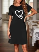 Kadın Kısa Kollu Bisiklet Yaka Kalp Desenli Viskon Elbise thumbnail 3