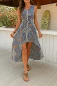 Kadın Kolsuz V Yakalı Desenli Süprem Tulum Elbise thumbnail 3