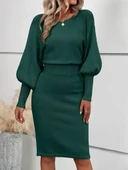 Kadın Uzun Yarasa Kollu Yakası Açık Belden Oturtmalı Kısa Triko Elbise thumbnail 4